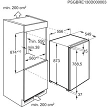 Maatschets van een koelkast met de afmetingen in centimeters