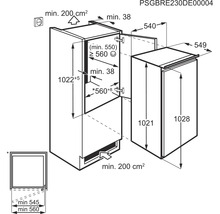 Technische tekening van een inbouwkoelkast met maatvoering