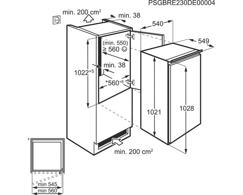 Technische tekening van een inbouwkoelkast met maatvoering