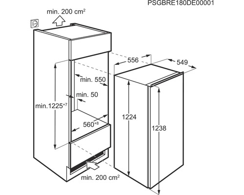 Technische tekening van een inbouwkoelkast met afmetingen