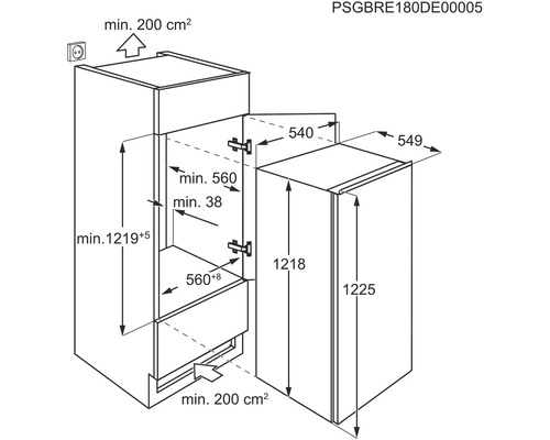 Technische tekening van een inbouwkoelkast met afmetingen