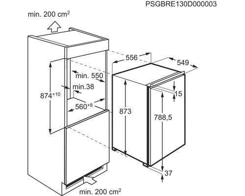 Technische tekening van een inbouwkoelkast met afmetingen