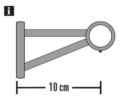Wandsteun voor gordijnroedes met een lengte van 10 centimeter, maattekening.
