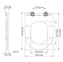 Technische tekening van een toiletbril met afmetingen