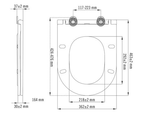 Technische tekening van een toiletbril met afmetingen