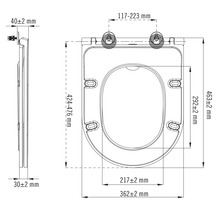 Technische tekening van een toiletbril met afmetingen.