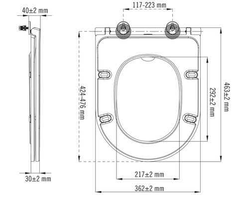 Technische tekening van een toiletbril met afmetingen.