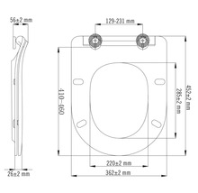 Technische tekening van een wc-bril met afmetingen