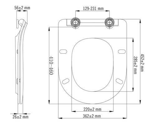 Technische tekening van een wc-bril met afmetingen