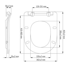 Technische tekening van een toiletzitting met maatvoering