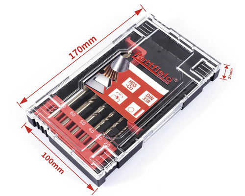 Boorset met verschillende boren in een transparante plastic doos van het merk Rattfield