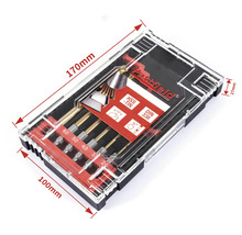 Boorset in transparante kunststof doos met maatindicaties