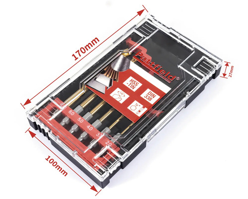 Boorset in transparante kunststof doos met maatindicaties