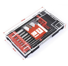 Pattfield borenset in transparante doos met maatindicaties