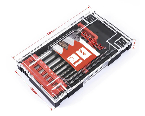 Pattfield borenset in transparante doos met maatindicaties