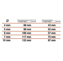 Tabel met maatinformatie voor boren: diameter, lengte met en zonder opname in millimeters.