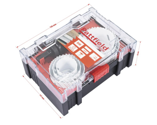 Gatenzagenset in opbergdoos met de afmetingen 190 mm x 141 mm x 85 mm