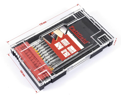 Pattfield decoupeerzaagblad set in een transparante box met de afmetingen 170 mm x 100 mm x 27 mm