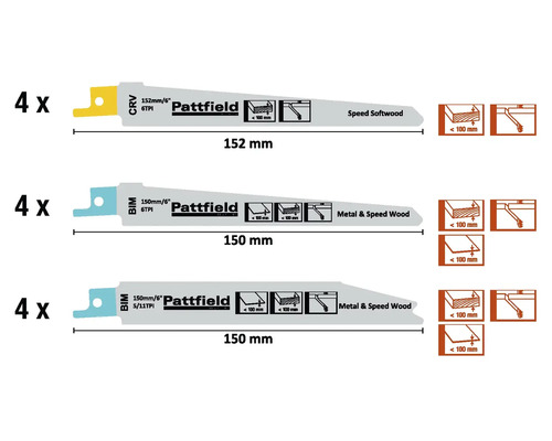 Pattfield reciprozaagblad set voor hout en metaal, verschillende maten, 12 stuks