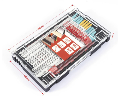 Patfield gereedschapsset in transparante doos met afmetingen