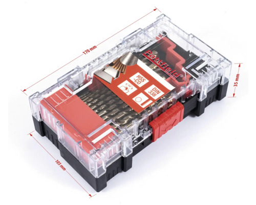Boorset in kunststof doos met afmetingen