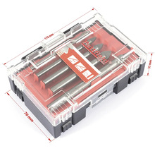 Borenset in transparante kunststof doos met de afmetingen 170 mm x 70 mm x 35 mm.