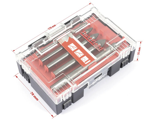Borenset in transparante kunststof doos met de afmetingen 170 mm x 70 mm x 35 mm.