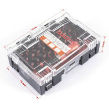 Pattfield bitset met diverse schroevendraaierbits in een transparante kunststof koffer met maataanduidingen