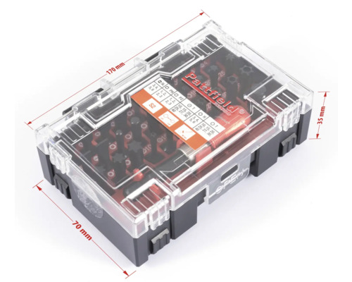 Pattfield bitset met diverse schroevendraaierbits in een transparante kunststof koffer met maataanduidingen