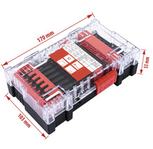 Partfield bitset in een transparante kunststof doos met maatindicaties