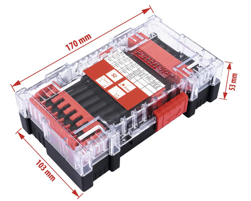 Partfield bitset in een transparante kunststof doos met maatindicaties