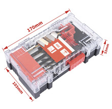 Boor set in transparante doos met maatindicaties