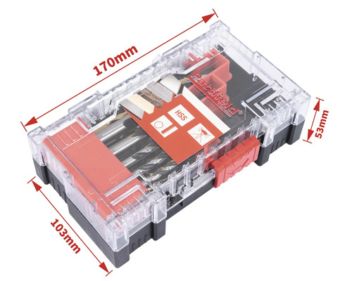 Boor set in transparante doos met maatindicaties