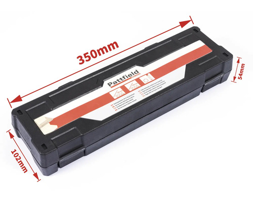 Pattfield Logo gereedschapskist met afmetingen van 350 mm lengte, 102 mm breedte en 54 mm hoogte