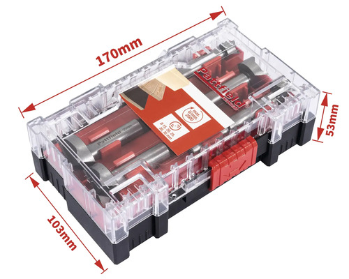 Pattfield Forstnerborenset met verschillende maten in transparante doos met afmetingen