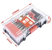 Partfield draadtap- en snijplaatset in transparante kunststof koffer met de afmetingen 170 mm x 103 mm x 53 mm.