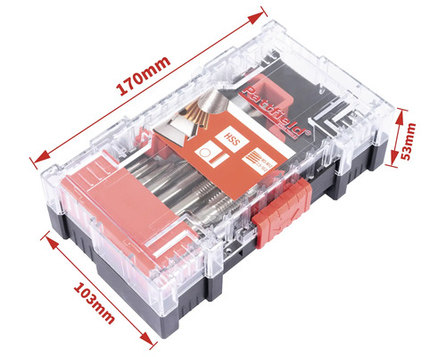 Partfield draadtap- en snijplaatset in transparante kunststof koffer met de afmetingen 170 mm x 103 mm x 53 mm.