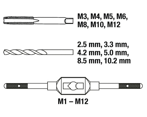 Tap M3, M4, M5, M6, M8, M10, M12 met boren 2,5 mm, 3,3 mm, 4,2 mm, 5,0 mm, 8,5 mm, 10,2 mm en snijplatenhouder M1 tot M12