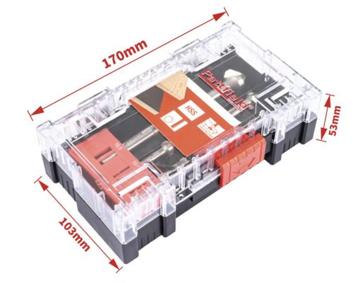 Pattfield boorbitset in transparante kunststof doos met maatindicaties