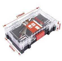 Patfield gereedschapsset in transparante kunststofbox met de afmetingen 170 bij 103 bij 53 millimeter.