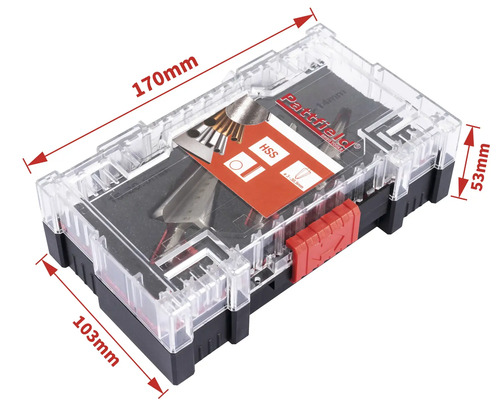 Patfield gereedschapsset in transparante kunststofbox met de afmetingen 170 bij 103 bij 53 millimeter.