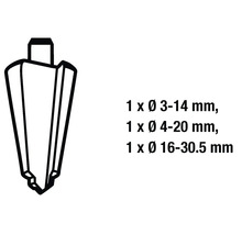 Stappenboor maten 3 tot 14 millimeter, 4 tot 20 millimeter en 16 tot 30,5 millimeter