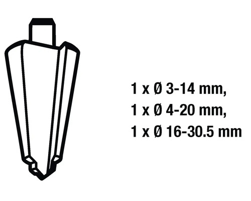 Stappenboor maten 3 tot 14 millimeter, 4 tot 20 millimeter en 16 tot 30,5 millimeter
