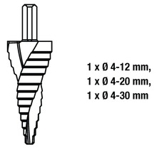 Trappenboor set met diameters van 4-12 mm, 4-20 mm en 4-30 mm