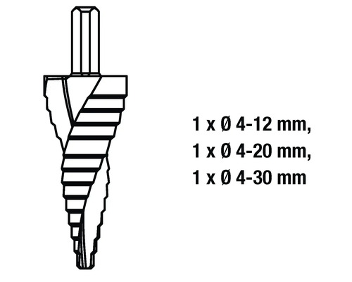 Trappenboor set met diameters van 4-12 mm, 4-20 mm en 4-30 mm