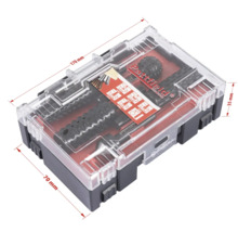 Pattfield gereedschapsset in transparante doos met maatindicaties