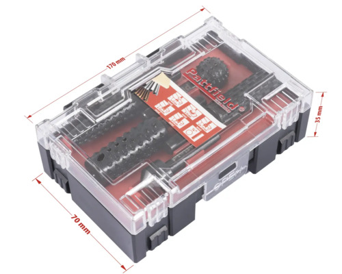 Pattfield gereedschapsset in transparante doos met maatindicaties