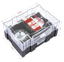 Pattfield draadborstelset met verschillende borstelopzetstukken in transparante verpakking met maatvoering