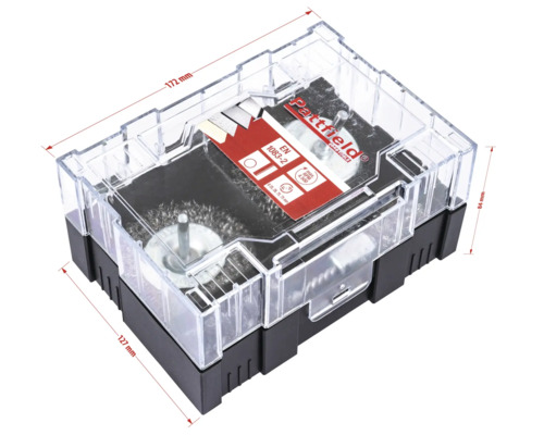 Pattfield draadborstelset met verschillende borstelopzetstukken in transparante verpakking met maatvoering