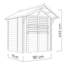 Tekening van een tuinhuis met de afmetingen 175 cm bij 181 cm bij 242 cm.